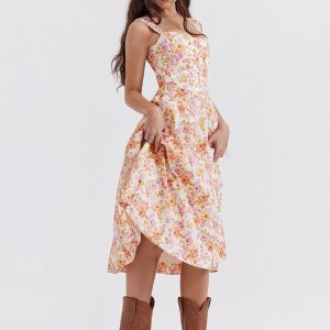 Women's Floral Slit Dress with Slim Suspenders - Y2K Aesthetic Style