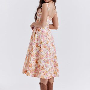 Women's Floral Slit Dress with Slim Suspenders - Y2K Aesthetic Style