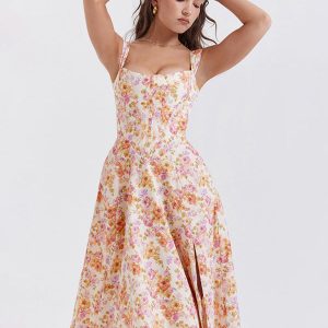 Women's Floral Slit Dress with Slim Suspenders - Y2K Aesthetic Style