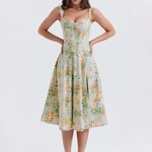 Women's Floral Slit Dress with Slim Suspenders - Y2K Aesthetic Style