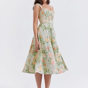 Women's Floral Slit Dress with Slim Suspenders - Y2K Aesthetic Style