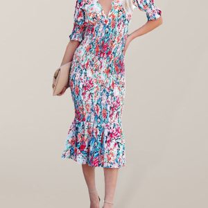 Women's Floral V Neck Ruffle Dress with Elastic Waist - Y2K Aesthetic Fashion Style