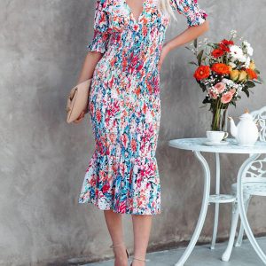 Women's Floral V Neck Ruffle Dress with Elastic Waist - Y2K Aesthetic Fashion Style