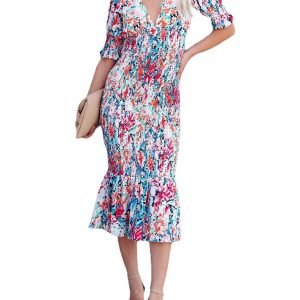 Women's Floral V Neck Ruffle Dress with Elastic Waist - Y2K Aesthetic Fashion Style