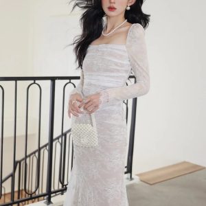 Women's Lace Midi Dress with Long Sleeves, Square Collar, and Bodycon Mermaid Style for Spring/Summer Parties