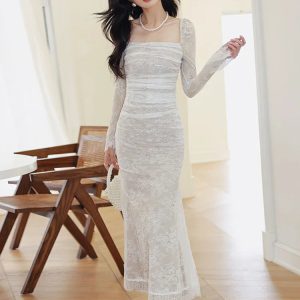 Women's Lace Midi Dress with Long Sleeves, Square Collar, and Bodycon Mermaid Style for Spring/Summer Parties