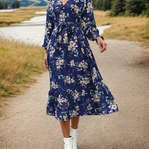 Women's Long Sleeve Floral Print Dress - Y2K Aesthetic Cute Dress for Every Occasion