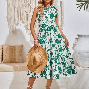 Women's Off-Shoulder Strappy Printed Dress - Y2K Aesthetic Floral Waist Dress