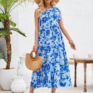 Women's Off-Shoulder Strappy Printed Dress - Y2K Aesthetic Floral Waist Dress