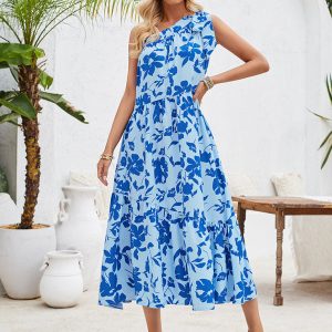 Women's Off-Shoulder Strappy Printed Dress - Y2K Aesthetic Floral Waist Dress