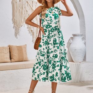 Women's Off-Shoulder Strappy Printed Dress - Y2K Aesthetic Floral Waist Dress