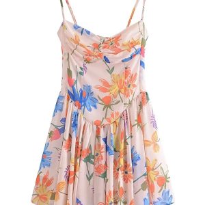 Women's Romantic Printed Pleated Suspender Dress in French Seaside Resort Style