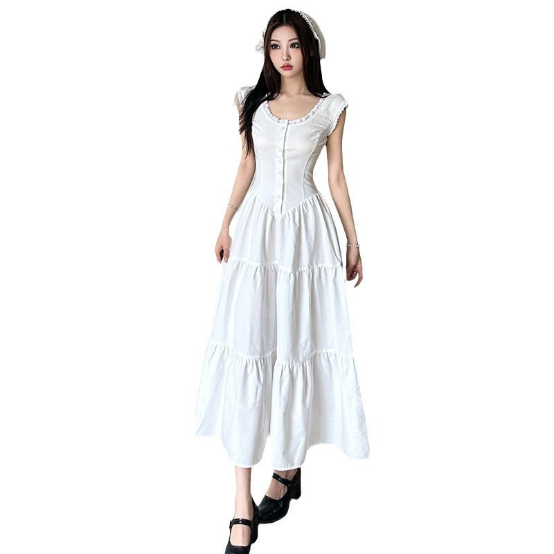 Women's Round Neck Sleeveless Lace Stitching Dress - Y2K Aesthetic Fresh Style