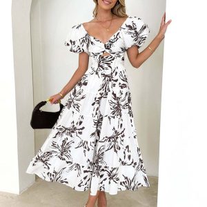 Women's Slim Fit Puff Sleeve Swing Dress in Y2K Aesthetic Print for Trendy Outfits