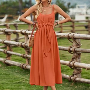 Women's Solid Color Suspender Dress with Tied Waist - Y2K Ranch Aesthetic Fashion