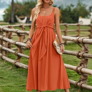 Women's Solid Color Suspender Dress with Tied Waist - Y2K Ranch Aesthetic Fashion