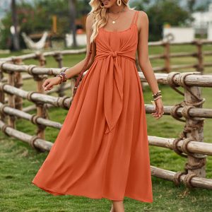 Women's Solid Color Suspender Dress with Tied Waist - Y2K Ranch Aesthetic Fashion