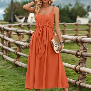 Women's Solid Color Suspender Dress with Tied Waist - Y2K Ranch Aesthetic Fashion