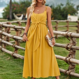 Women's Solid Color Suspender Dress with Tied Waist - Y2K Ranch Aesthetic Fashion