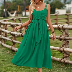 Women's Solid Color Suspender Dress with Tied Waist - Y2K Ranch Aesthetic Fashion