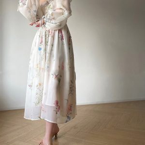 Women's Summer Y2K Fairy Dress - Casual Loose Floral Maxi with Puff Long Sleeves