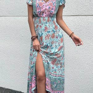 Women's V-Neck Ethnic Print Slit Dress - Y2K Aesthetic Boho Style for Effortless Chic