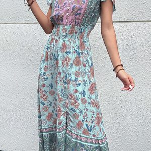 Women's V-Neck Ethnic Print Slit Dress - Y2K Aesthetic Boho Style for Effortless Chic