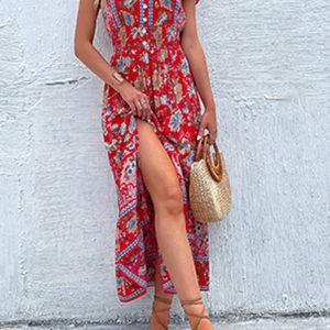 Women's V-Neck Ethnic Print Slit Dress - Y2K Aesthetic Boho Style for Effortless Chic