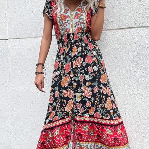 Women's V-Neck Ethnic Print Slit Dress - Y2K Aesthetic Boho Style for Effortless Chic