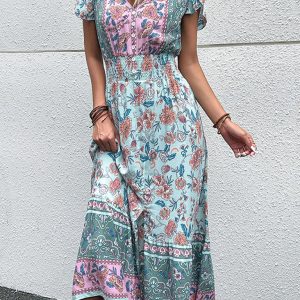 Women's V-Neck Ethnic Print Slit Dress - Y2K Aesthetic Boho Style for Effortless Chic