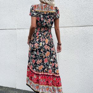 Women's V-Neck Ethnic Print Slit Dress - Y2K Aesthetic Boho Style for Effortless Chic