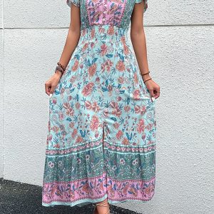 Women's V-Neck Ethnic Print Slit Dress - Y2K Aesthetic Boho Style for Effortless Chic