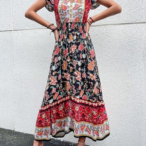 Women's V-Neck Ethnic Print Slit Dress - Y2K Aesthetic Boho Style for Effortless Chic