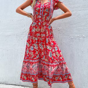 Women's V-Neck Ethnic Print Slit Dress - Y2K Aesthetic Boho Style for Effortless Chic