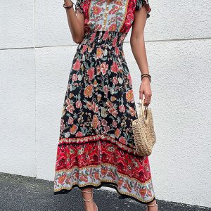 Women's V-Neck Ethnic Print Slit Dress - Y2K Aesthetic Boho Style for Effortless Chic