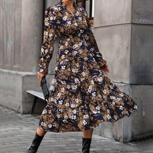 Women's V-Neck Long Sleeve Printed Dress - Y2K Aesthetic Fashion for Effortless Style