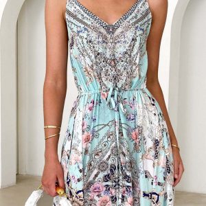 Women's V-Neck Printed Suspender Maxi Dress - Y2K Aesthetic Fashion for Effortless Style