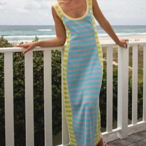 Women's Y2K Aesthetic Casual Knitted Long Dress with U-Neck, Open Back, and Color Block Design