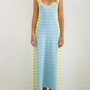 Women's Y2K Aesthetic Casual Knitted Long Dress with U-Neck, Open Back, and Color Block Design