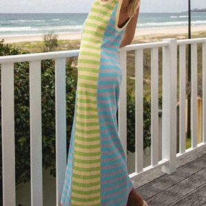 Women's Y2K Aesthetic Casual Knitted Long Dress with U-Neck, Open Back, and Color Block Design