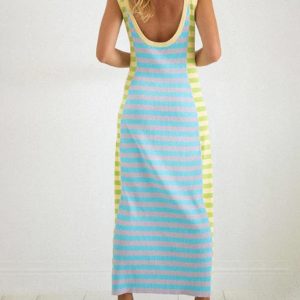 Women's Y2K Aesthetic Casual Knitted Long Dress with U-Neck, Open Back, and Color Block Design