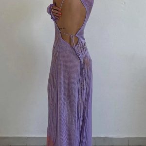 Women's Y2K Aesthetic Long Knit Dress with Contrast Color and Hollow-Out One Shoulder Design