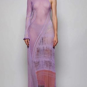 Women's Y2K Aesthetic Long Knit Dress with Contrast Color and Hollow-Out One Shoulder Design