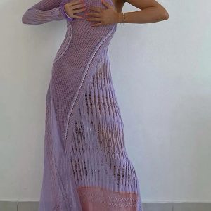 Women's Y2K Aesthetic Long Knit Dress with Contrast Color and Hollow-Out One Shoulder Design