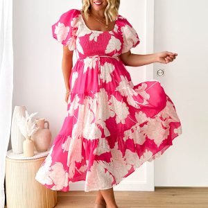 Women's Y2K Aesthetic One Shoulder Puff Sleeve Dress with Elegant Print Design