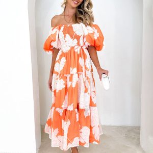 Women's Y2K Aesthetic One Shoulder Puff Sleeve Dress with Elegant Print Design