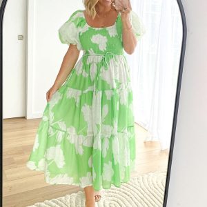 Women's Y2K Aesthetic One Shoulder Puff Sleeve Dress with Elegant Print Design