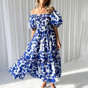 Women's Y2K Aesthetic One Shoulder Puff Sleeve Dress with Elegant Print Design