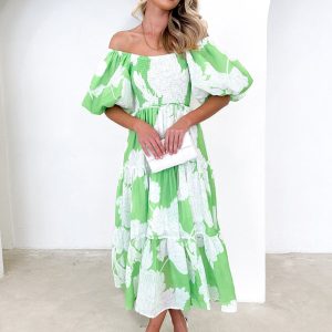 Women's Y2K Aesthetic One Shoulder Puff Sleeve Dress with Elegant Print Design