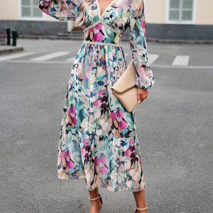 Women's Y2K Aesthetic Printed V-Neck Long-Sleeved Resort Dress for Casual Chic Style